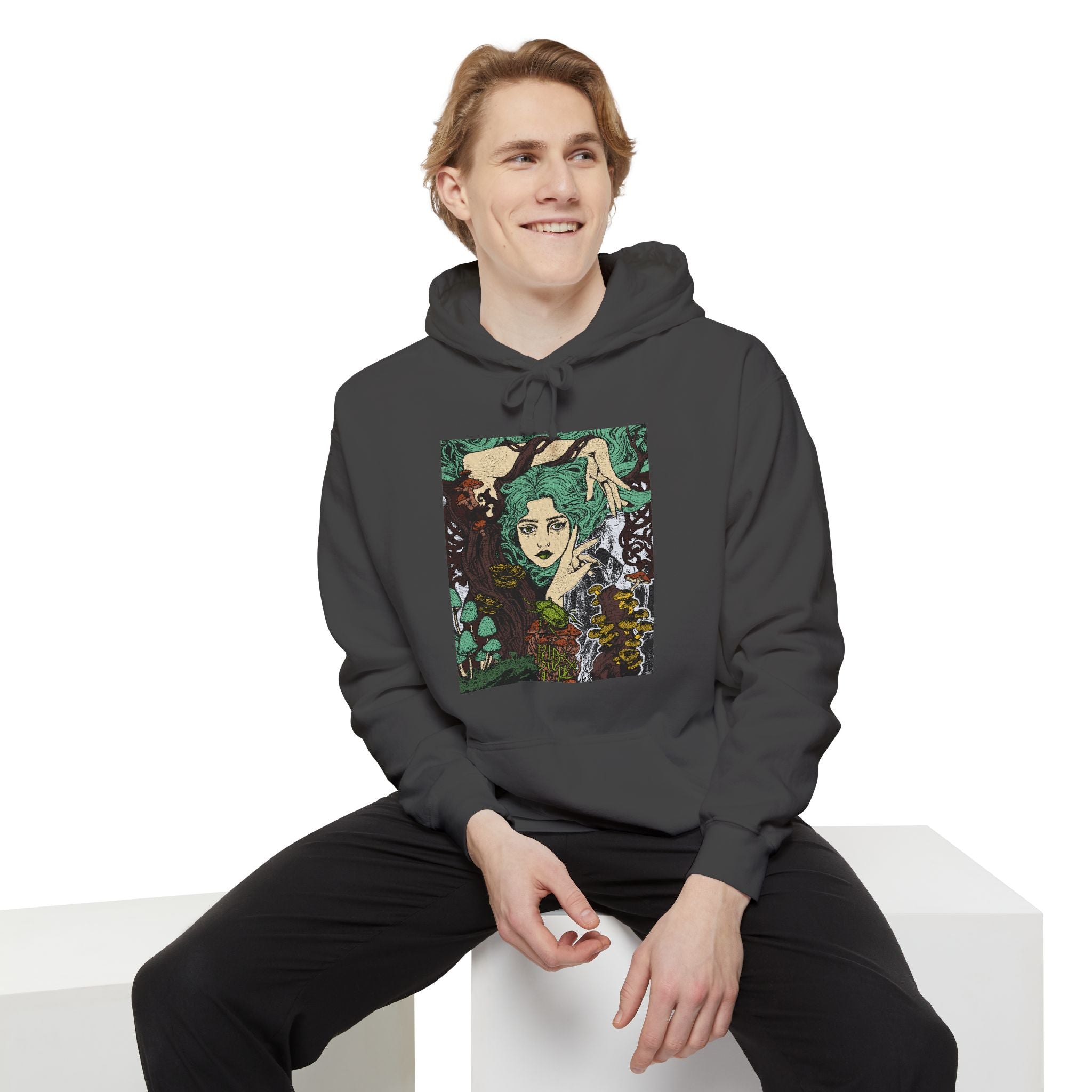 Flo Blue sweatshirt featuring Aquela que Germina na Morte dark-fantasy woman and woodland artwork by Anna Aguiar.