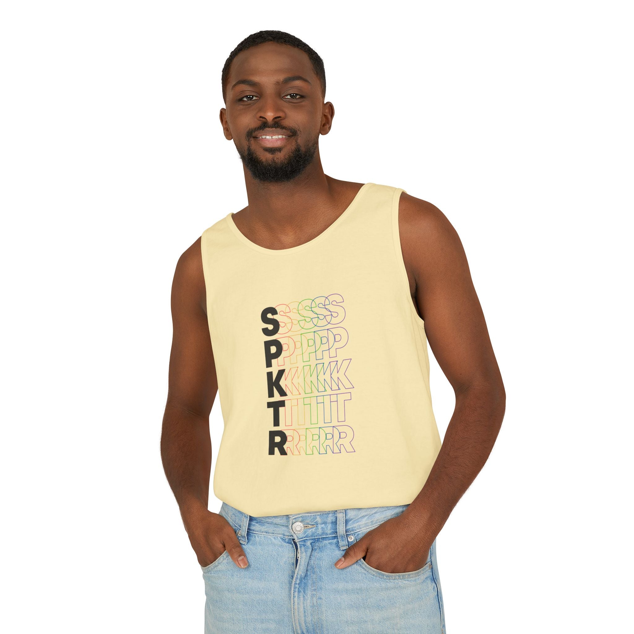 Island Reef graphic tank top featuring the SPKTR Pride rainbow design celebrating neurodiversity and LGBTQIA+ pride.