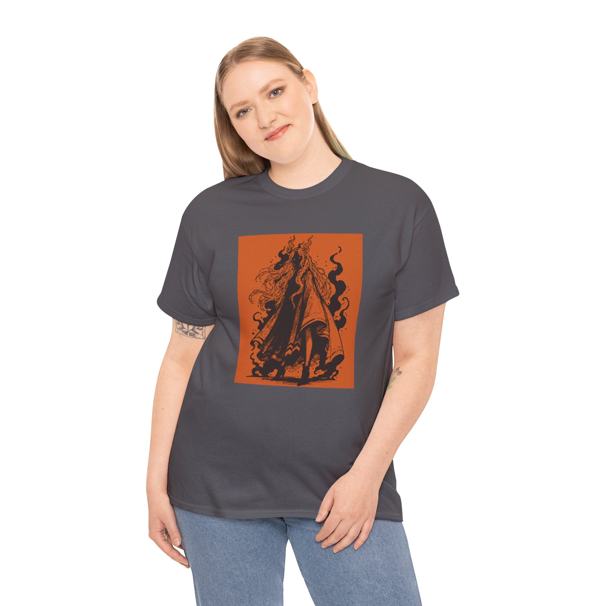 Black T-shirt featuring The Void black-and-orange surreal angel artwork by Anna Aguiar.