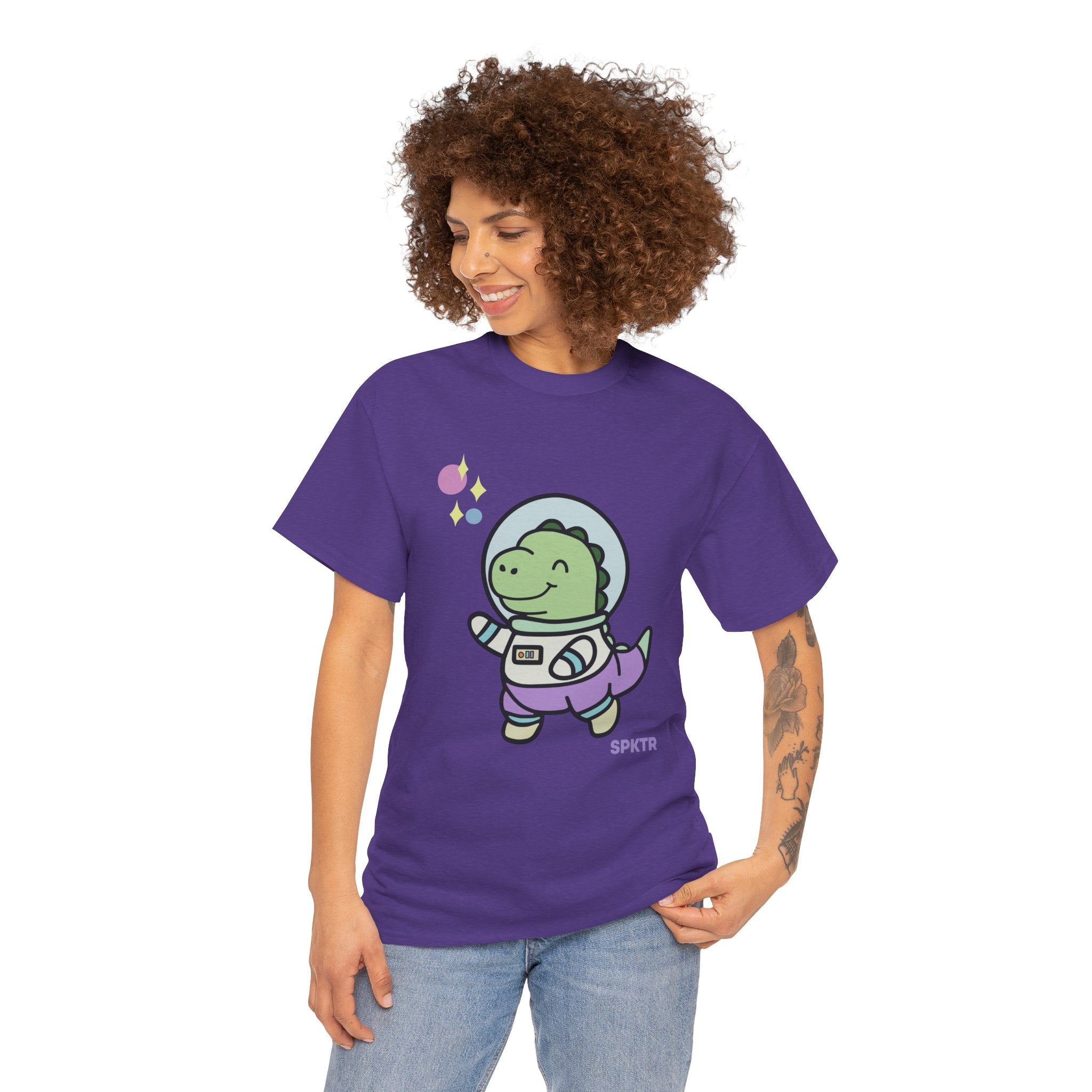 Old Gold T-shirt featuring Astronauta, a smiling Teeny-Rex dinosaur floating through space.