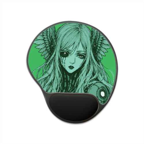 Gaming mouse pad featuring Angel Cyborg I green cybernetic angel artwork by Anna Aguiar.