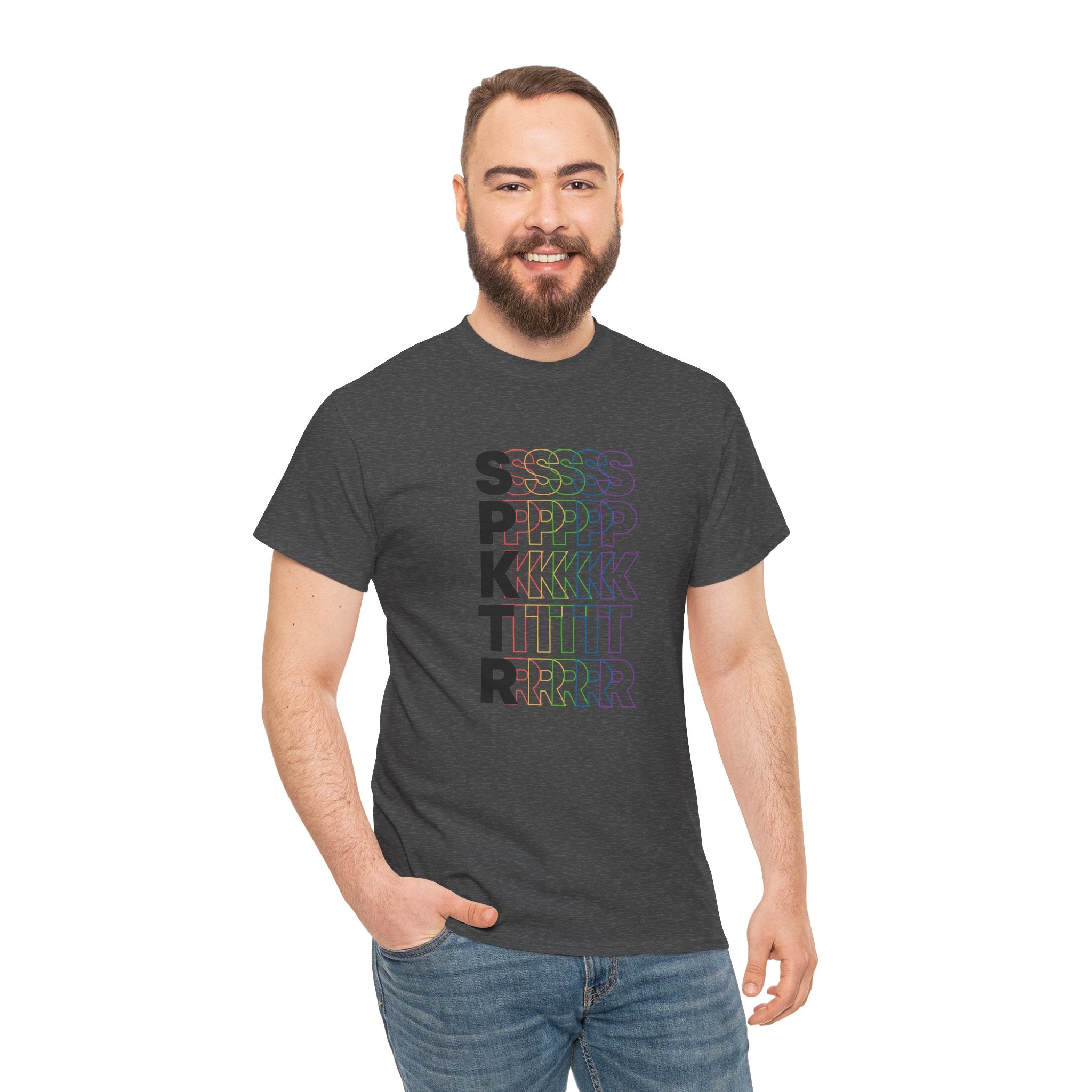 Black T-shirt featuring the SPKTR Pride rainbow design celebrating neurodiversity and LGBTQIA+ pride.