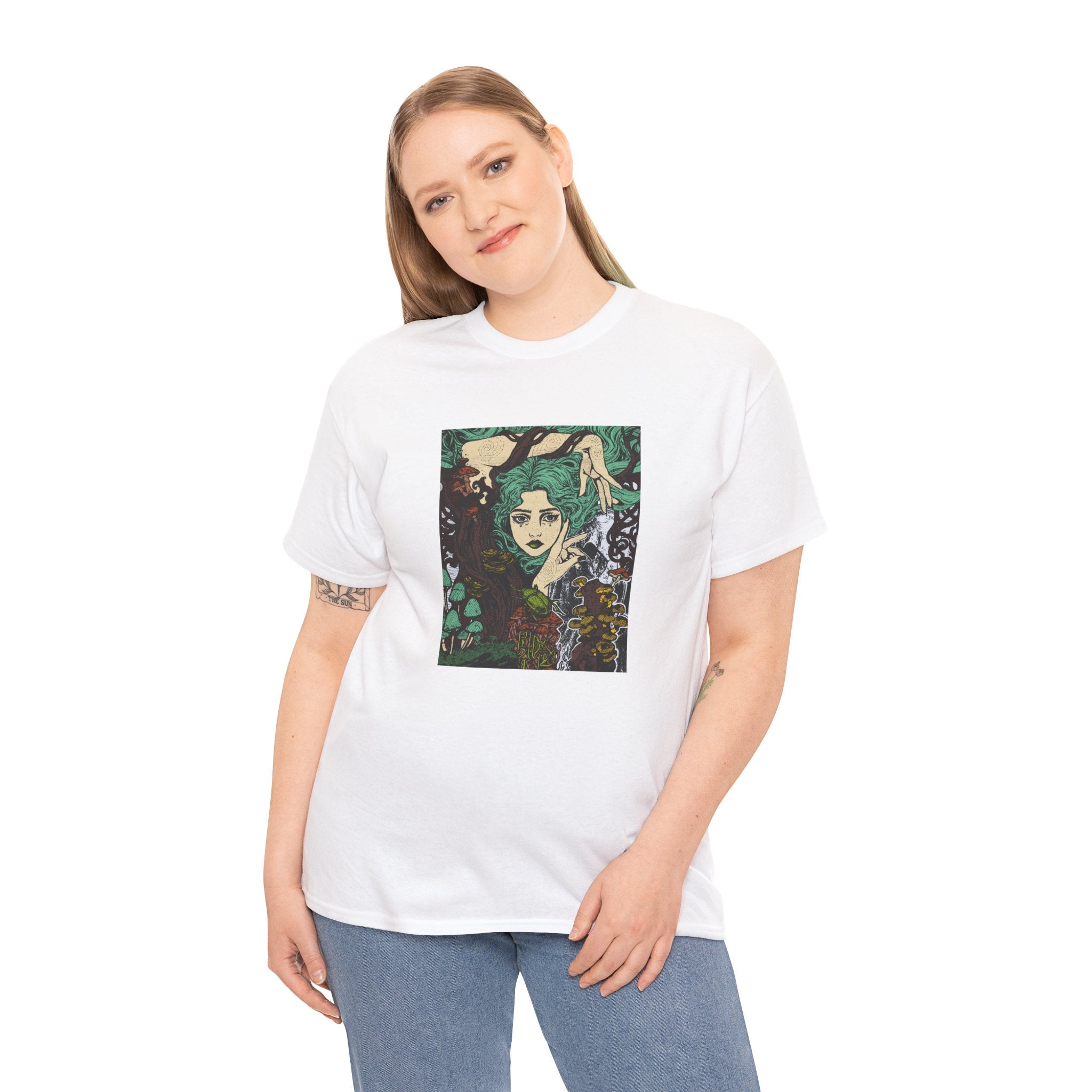 Berry T-shirt featuring Aquela que Germina na Morte dark-fantasy woman and woodland artwork by Anna Aguiar.