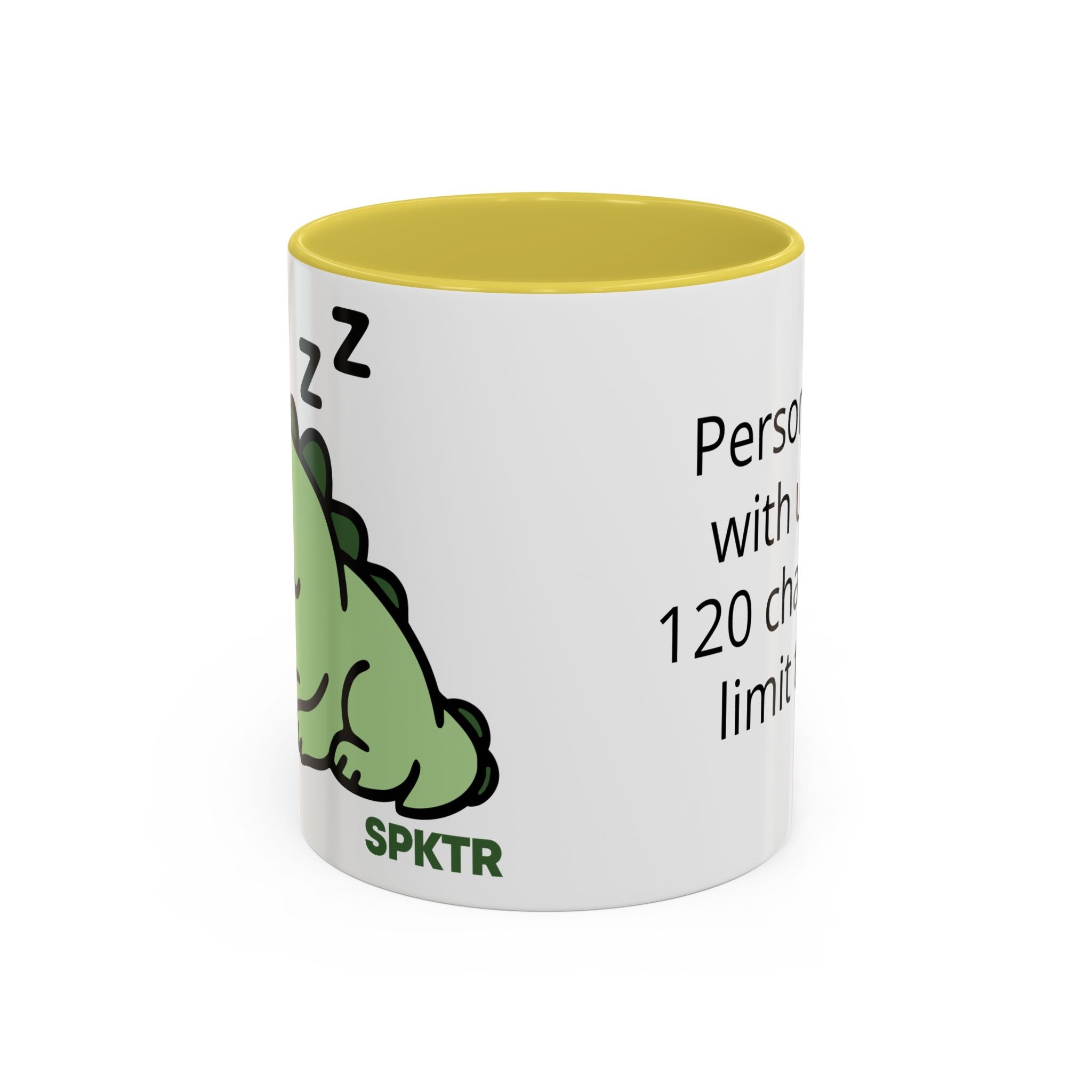 11 oz Yellow-accent personalized accent coffee mug featuring Sleepy Teeny-Rex cute sleeping dinosaur illustration.