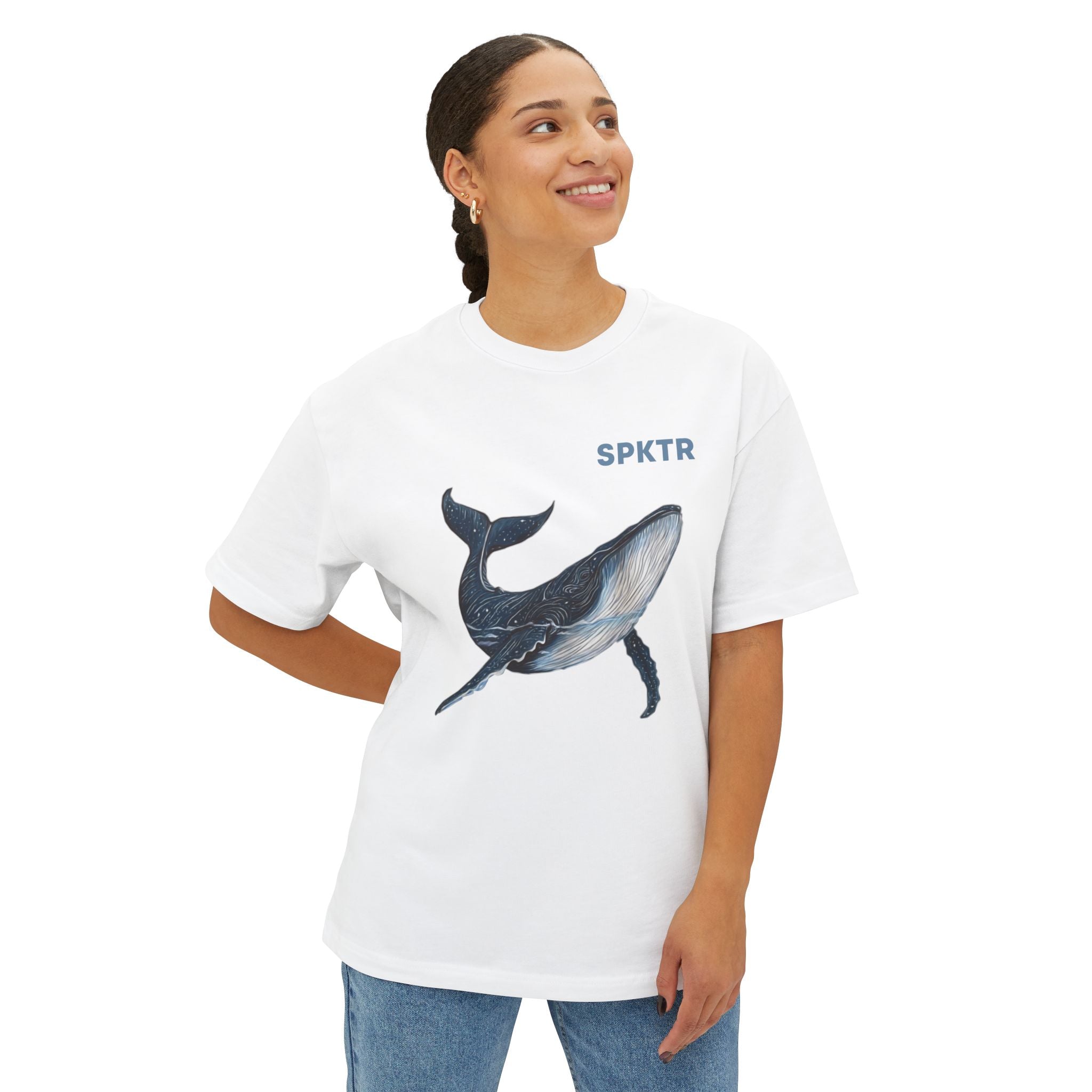 Black oversized T-shirt featuring Leo the Blue Whale hand-drawn ocean illustration by Do Carmo.