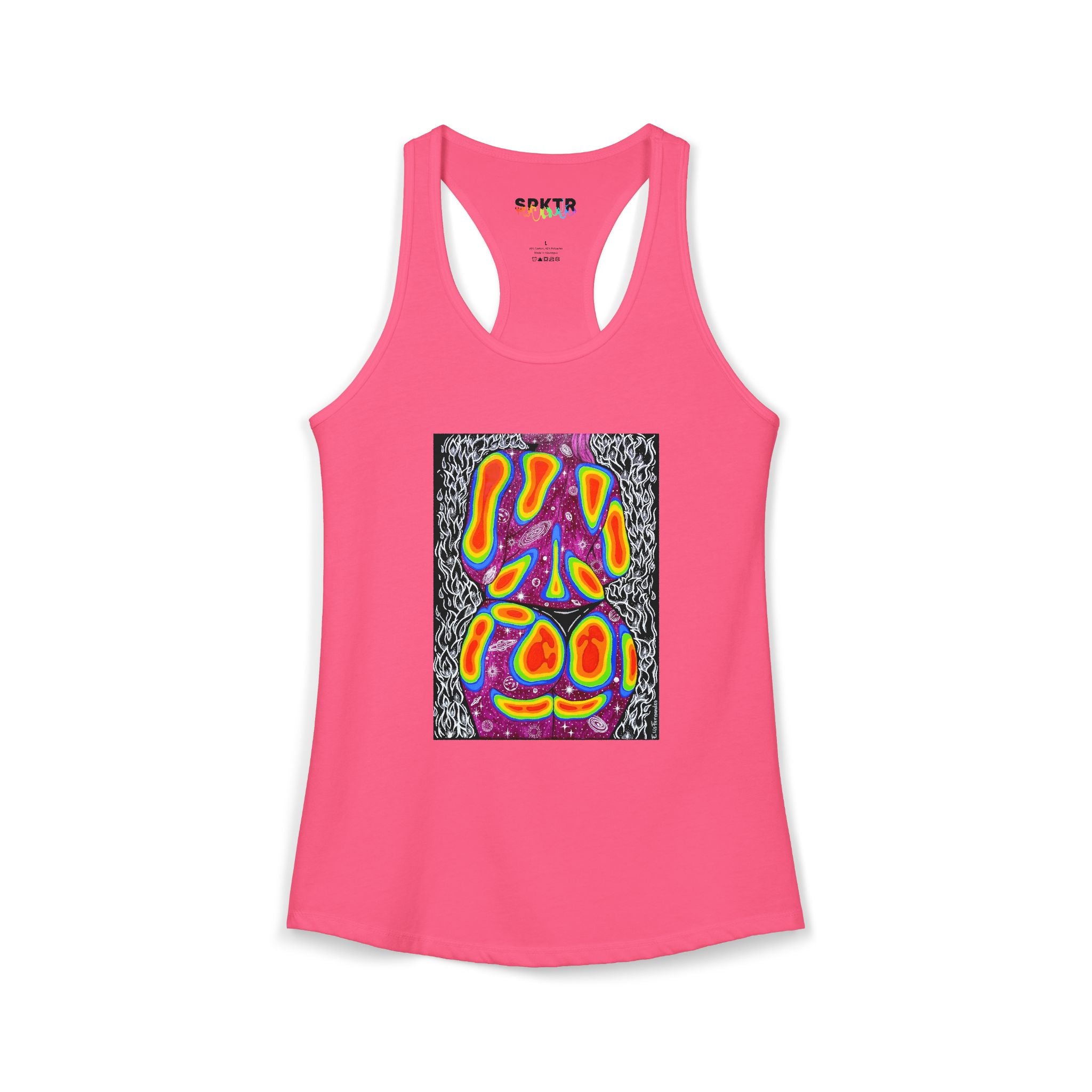 Solid Black women's racerback tank top featuring Mulher, Um Universo cosmic portrait artwork by Elis Fernandes.