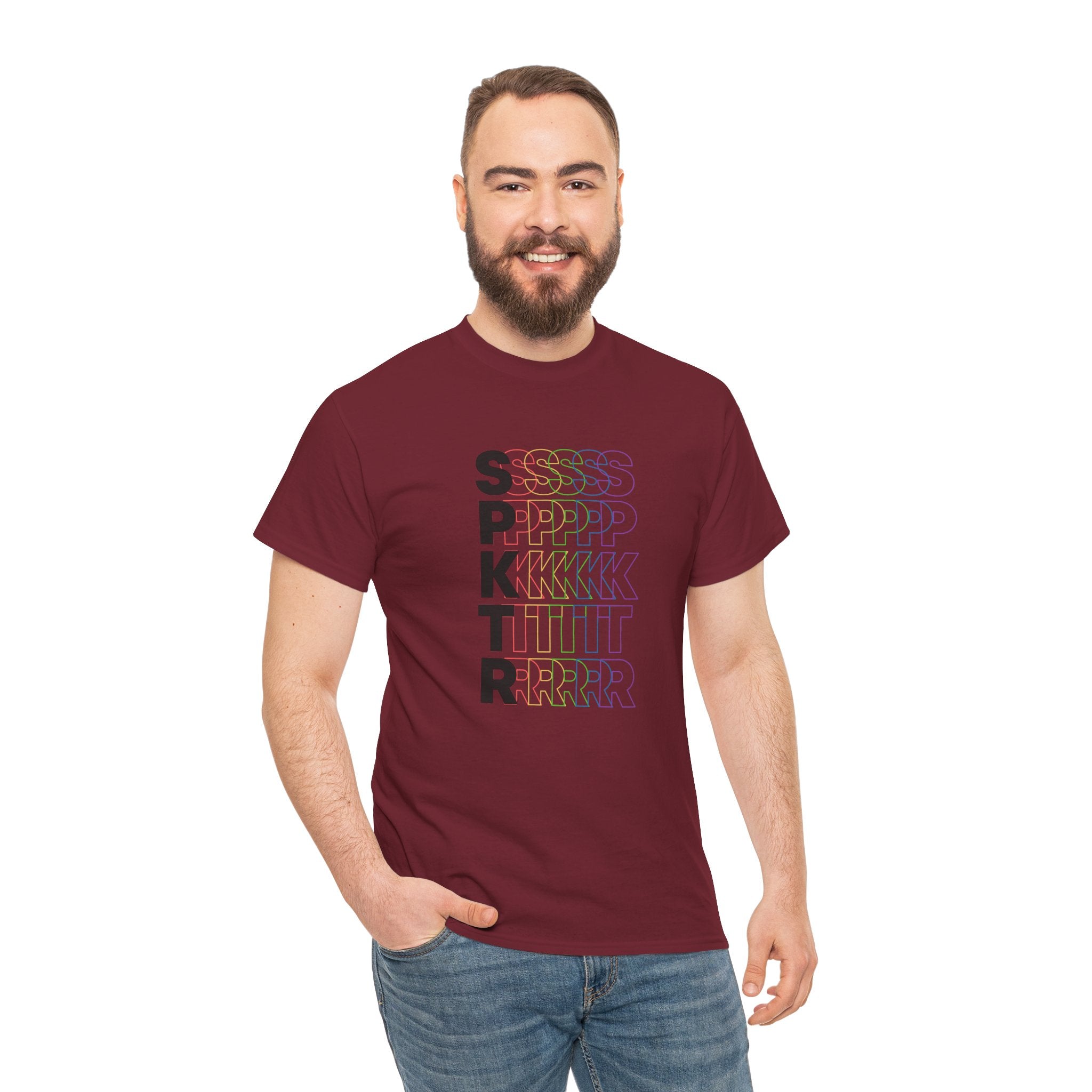 Blackberry T-shirt featuring the SPKTR Pride rainbow design celebrating neurodiversity and LGBTQIA+ pride.