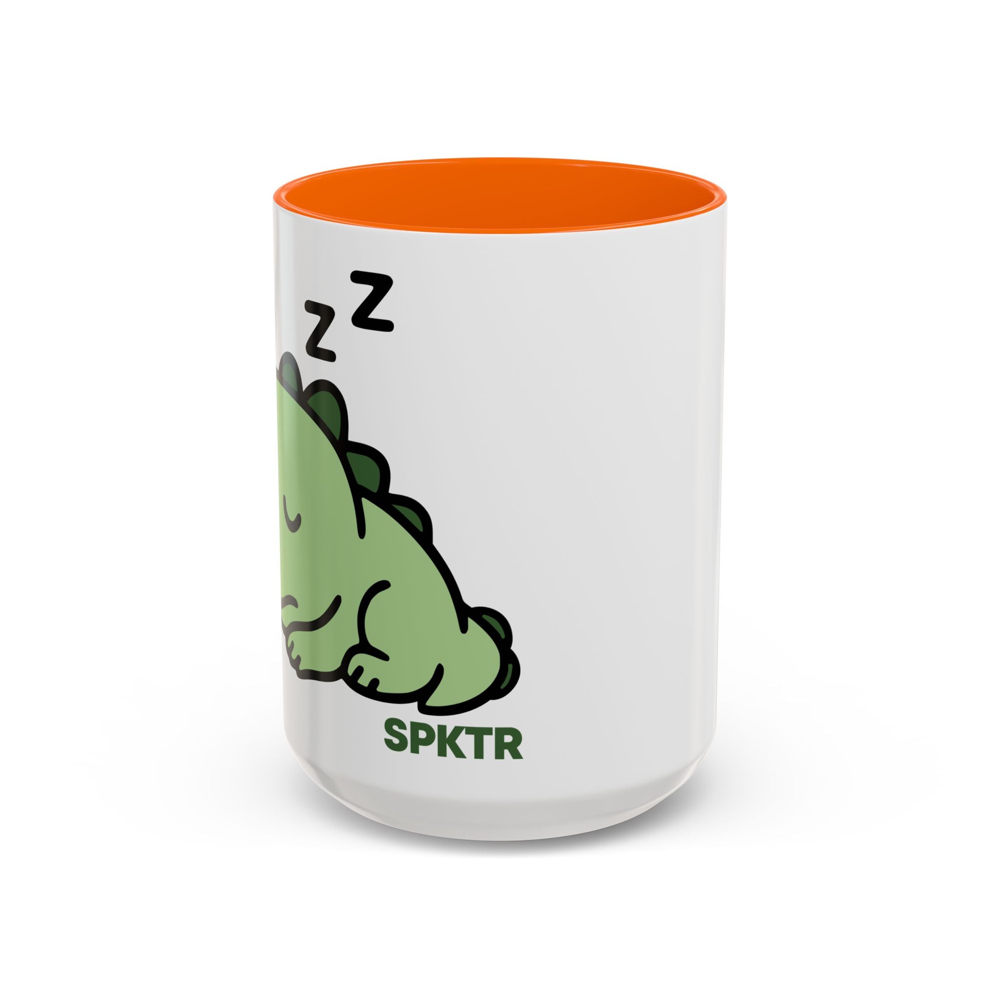 15 oz Red-accent accent coffee mug featuring Sleepy Teeny-Rex cute sleeping dinosaur illustration.