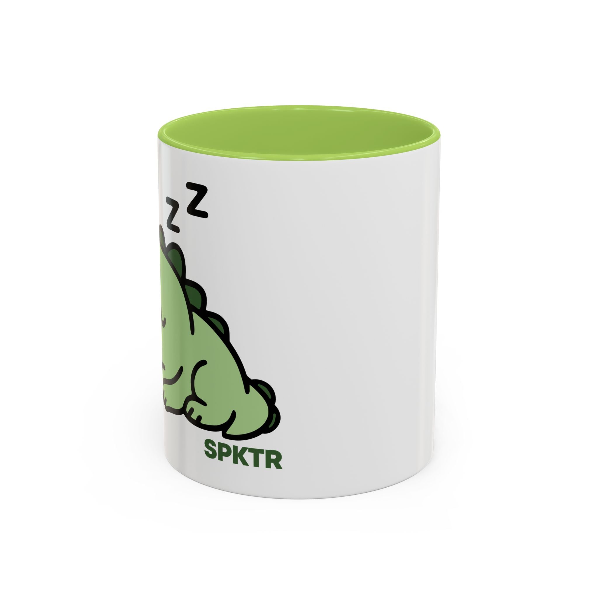 15 oz Orange-accent accent coffee mug featuring Sleepy Teeny-Rex cute sleeping dinosaur illustration.
