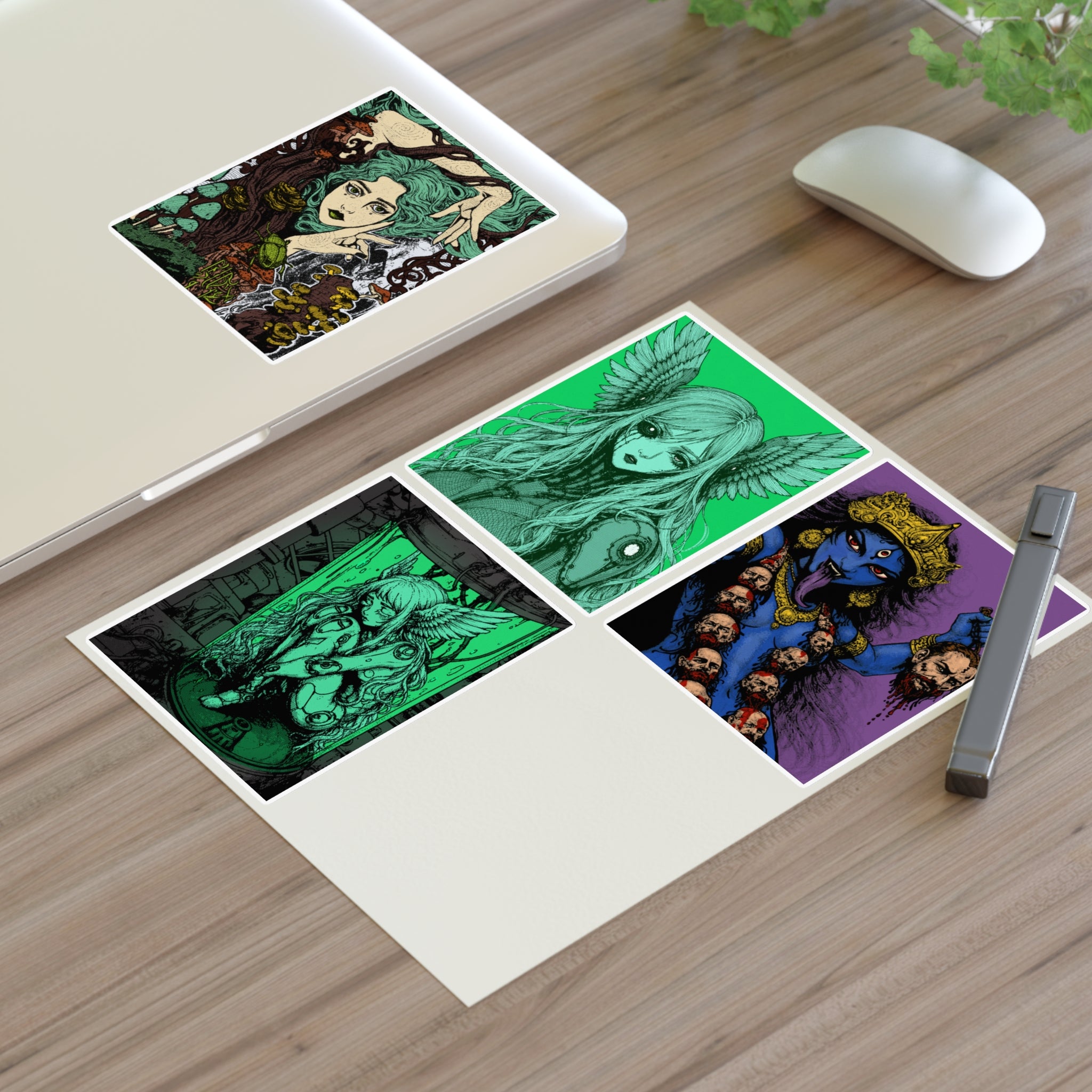 6" × 4" premium vinyl sticker sheet featuring Anna Aguiar dark-fantasy and cybernetic angel sticker collection.
