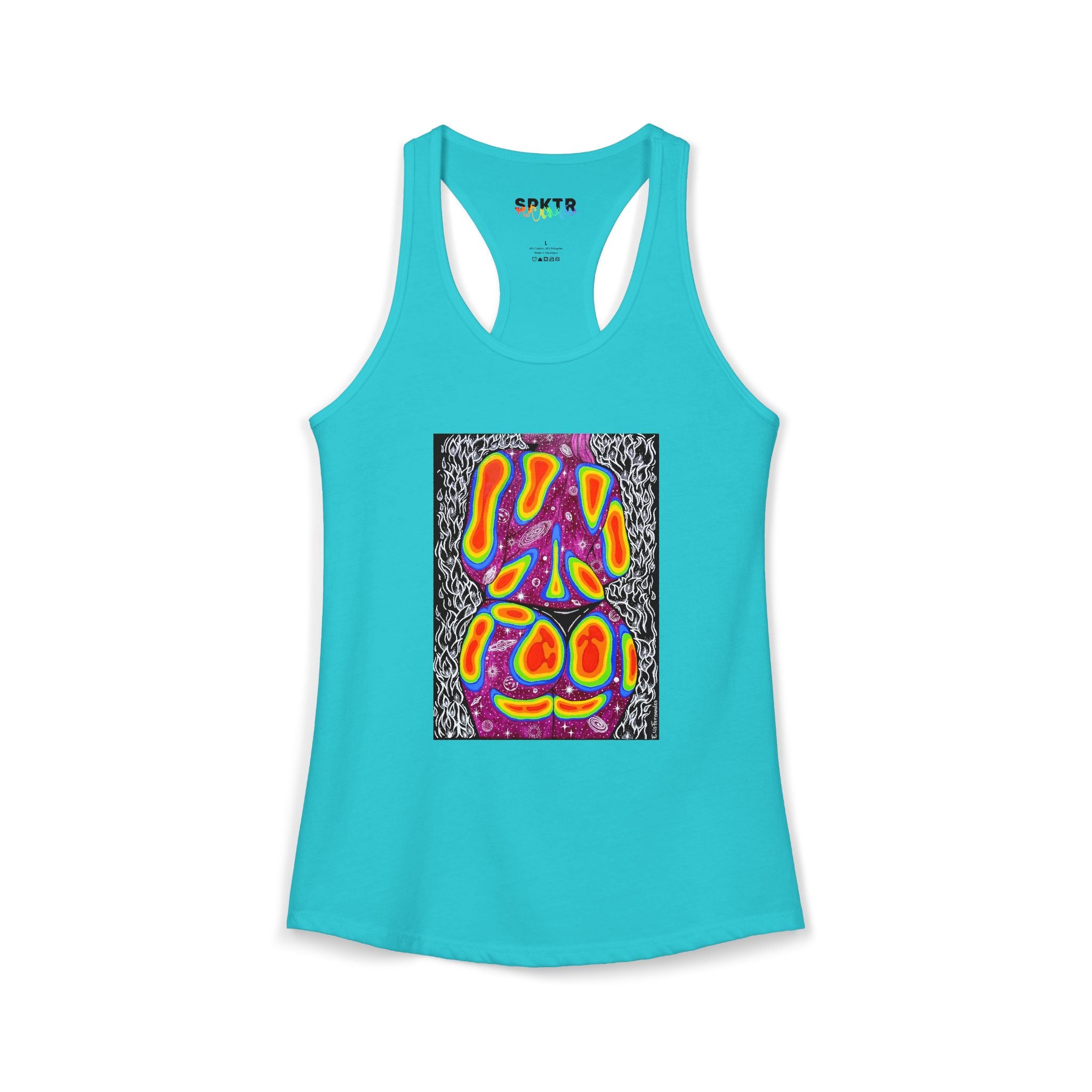 Solid Red women's racerback tank top featuring Mulher, Um Universo cosmic portrait artwork by Elis Fernandes.