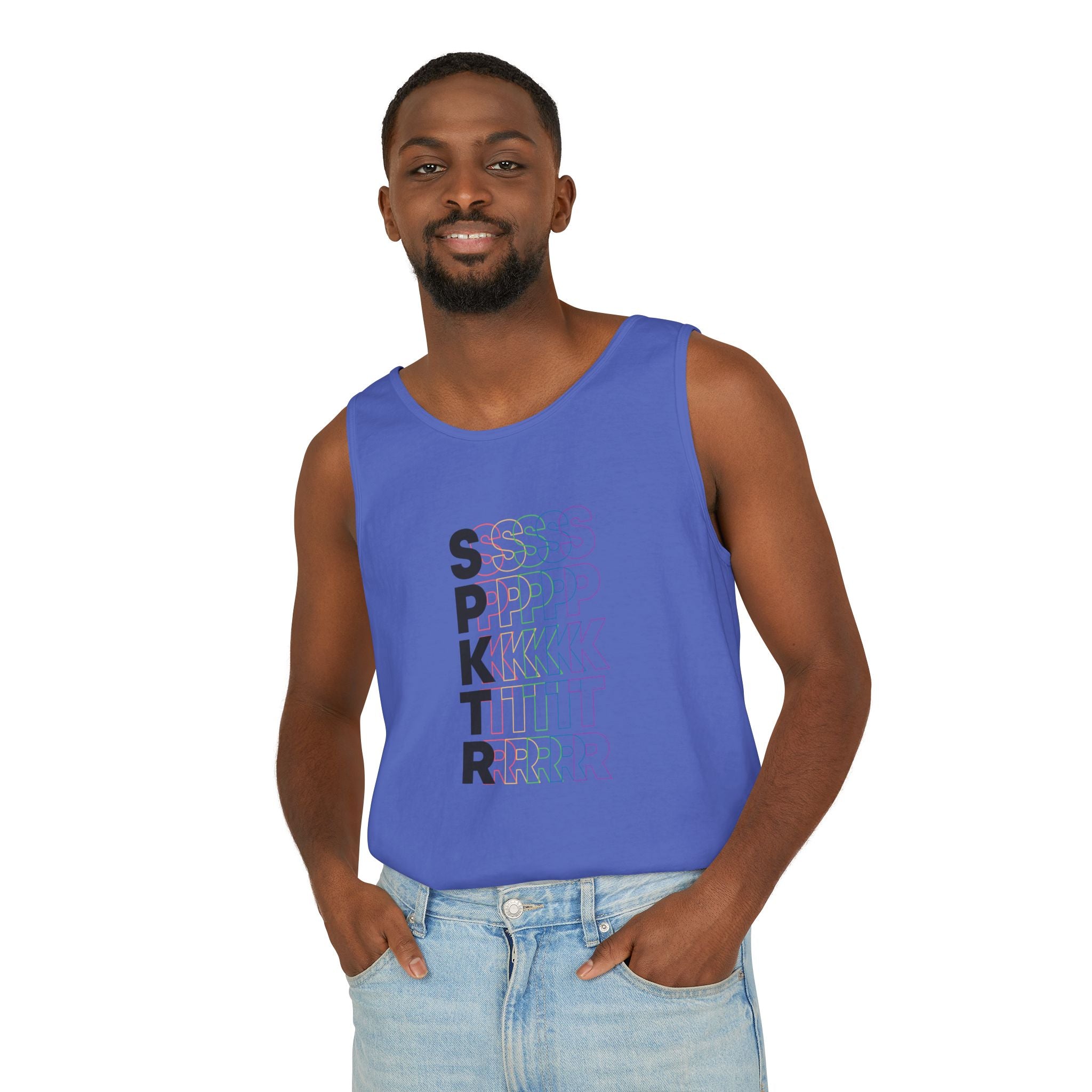 Black graphic tank top featuring the SPKTR Pride rainbow design celebrating neurodiversity and LGBTQIA+ pride.