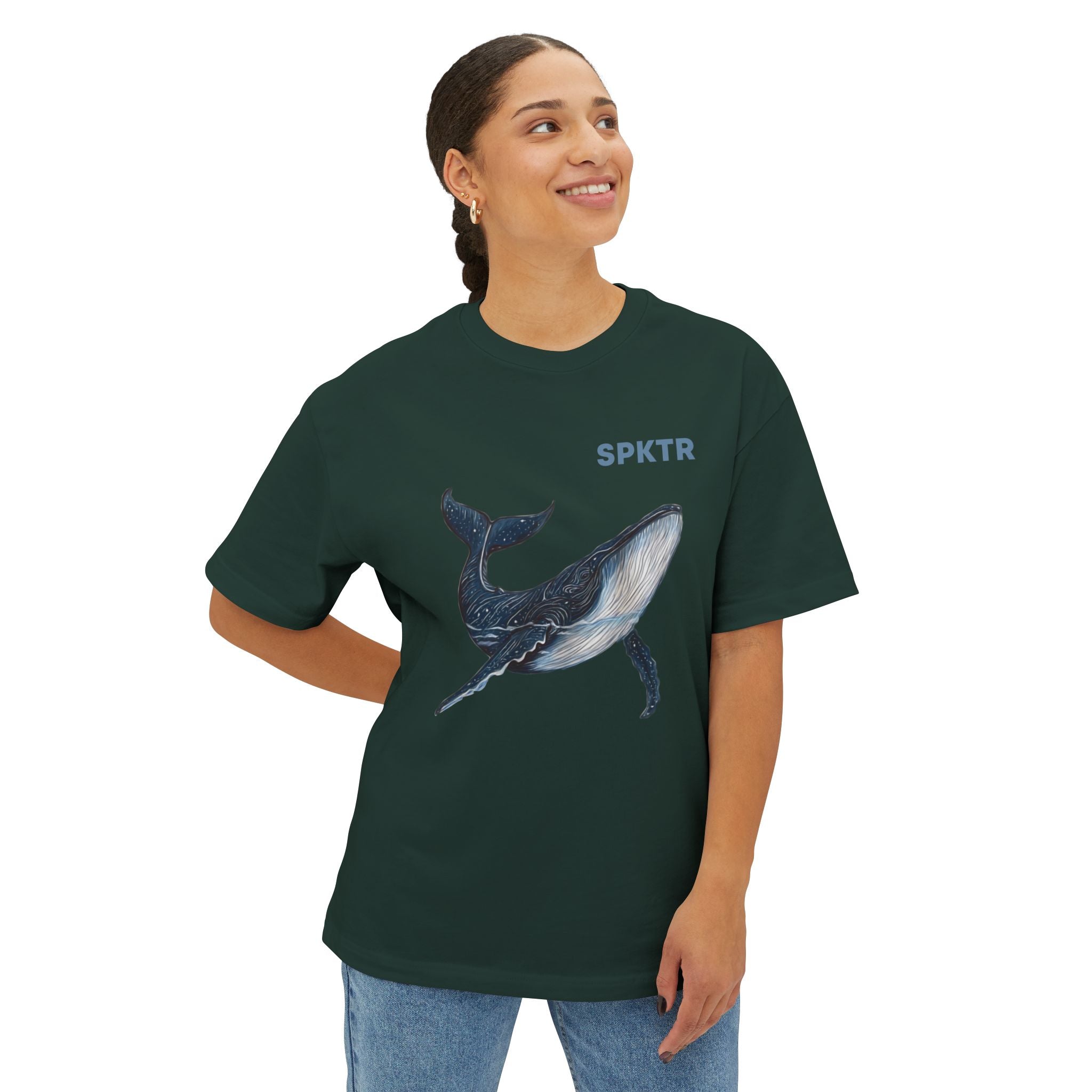 Natural oversized T-shirt featuring Leo the Blue Whale hand-drawn ocean illustration by Do Carmo.