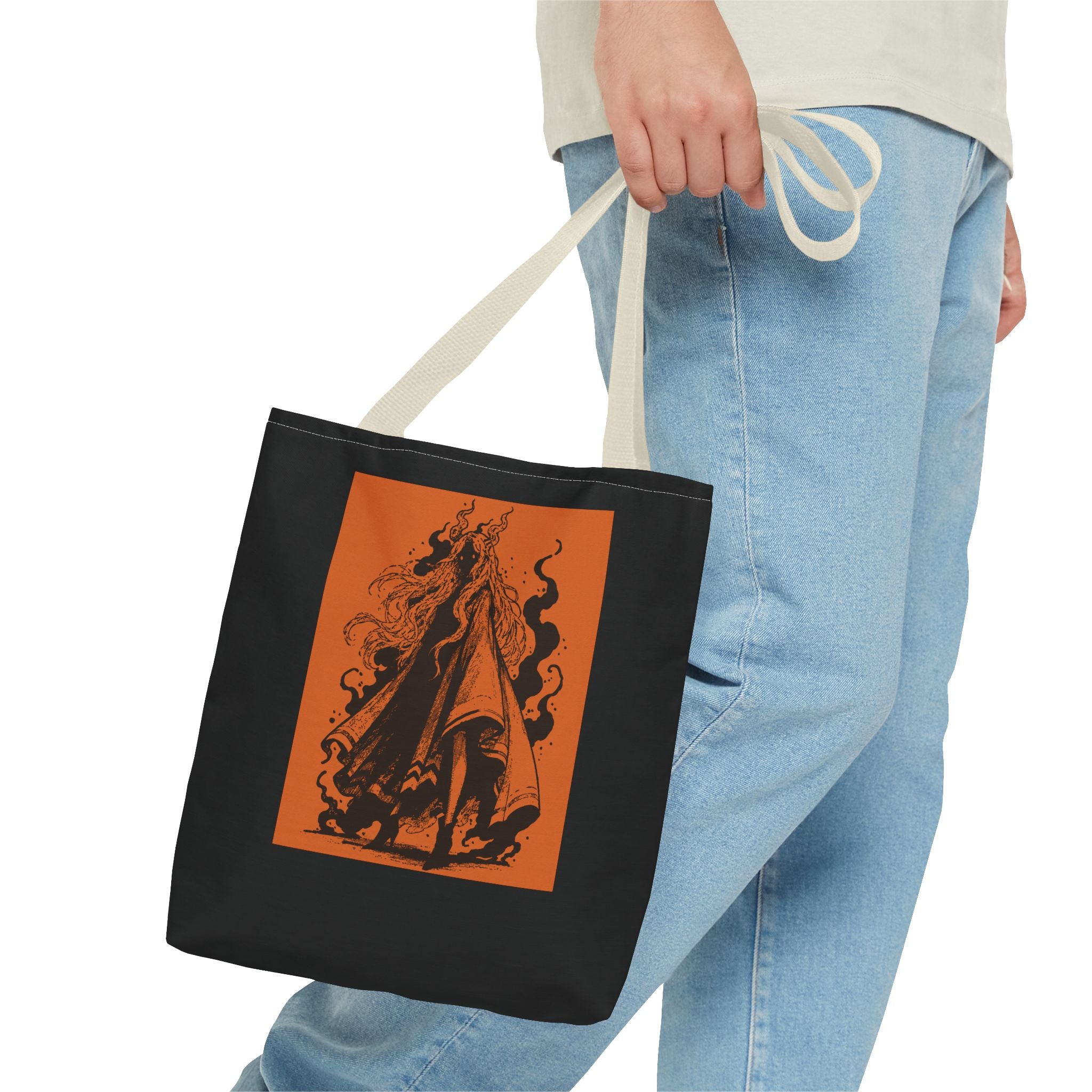 16" x 16 in Red-handle tote bag featuring The Void black-and-orange surreal angel artwork by Anna Aguiar.