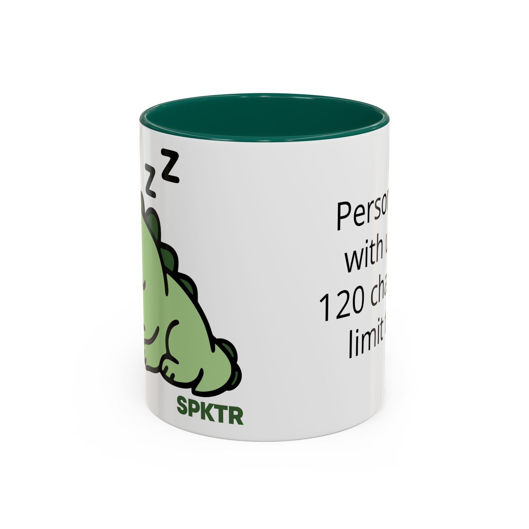 11 oz Light Blue-accent personalized accent coffee mug featuring Sleepy Teeny-Rex cute sleeping dinosaur illustration.