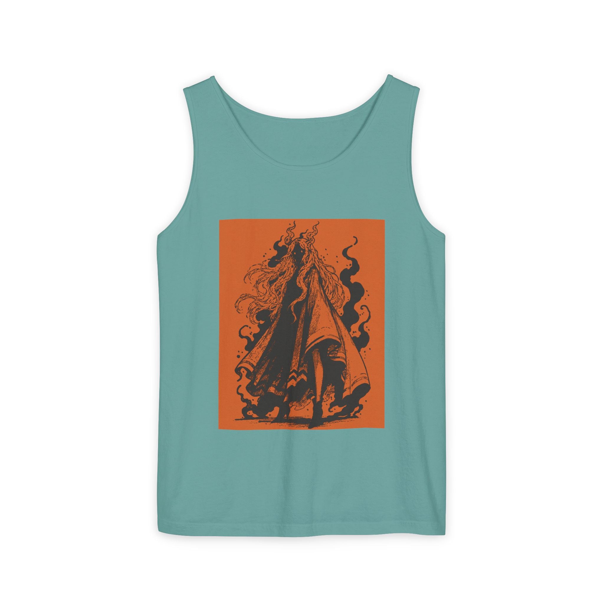 Sandstone graphic tank top featuring The Void black-and-orange surreal angel artwork by Anna Aguiar.