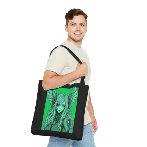 13" x 13 in Black-handle tote bag featuring Angel Cyborg I green cybernetic angel artwork by Anna Aguiar.