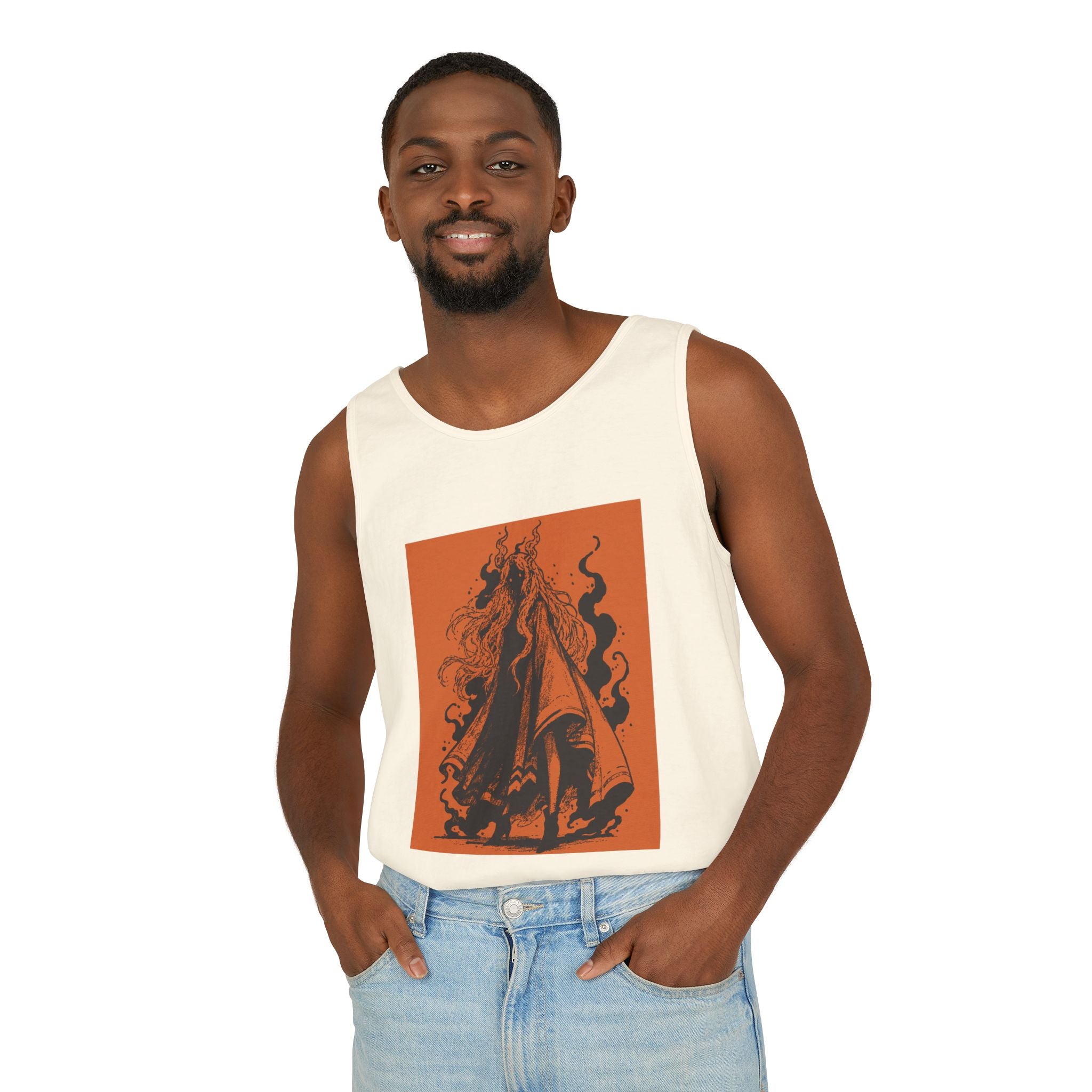 Ivory graphic tank top featuring The Void black-and-orange surreal angel artwork by Anna Aguiar.