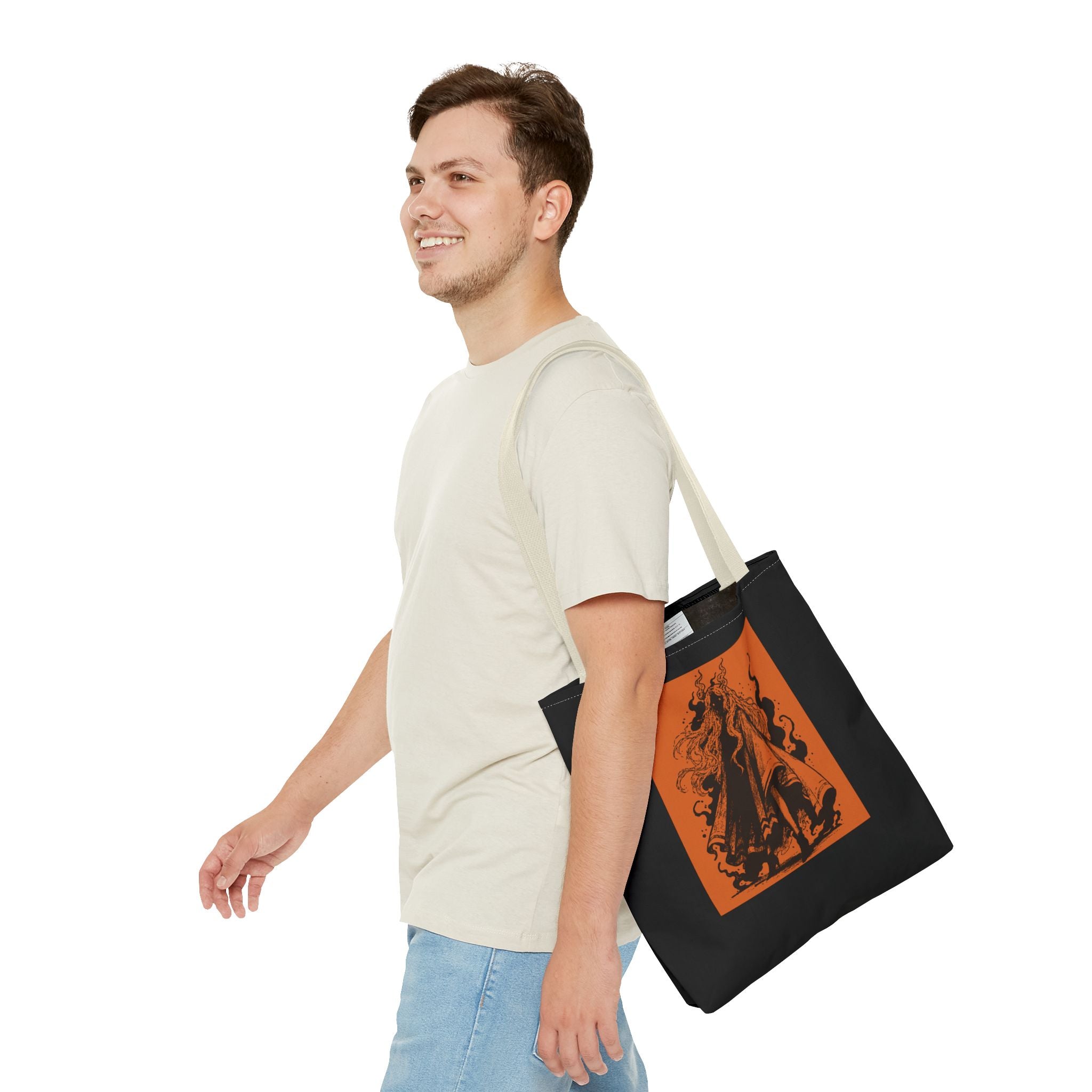 18" x 18 in Beige-handle tote bag featuring The Void black-and-orange surreal angel artwork by Anna Aguiar.