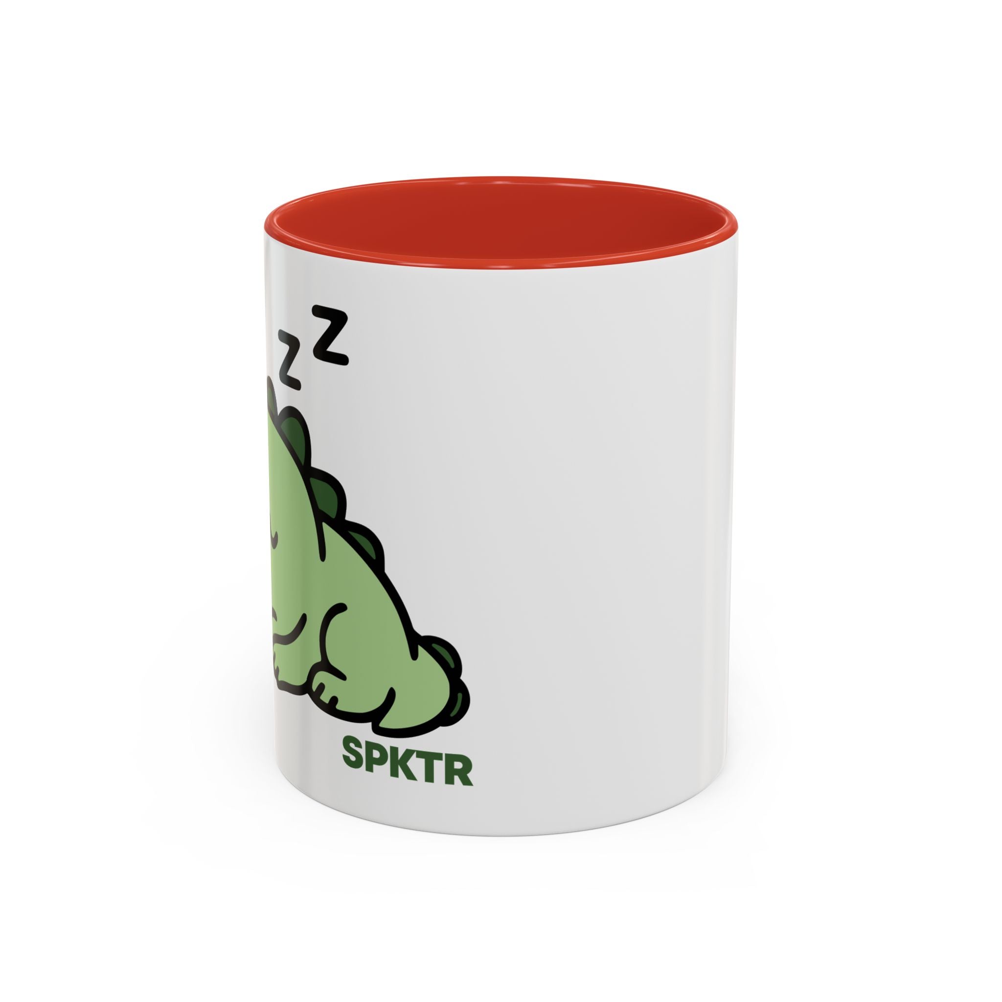 11 oz Red-accent accent coffee mug featuring Sleepy Teeny-Rex cute sleeping dinosaur illustration.