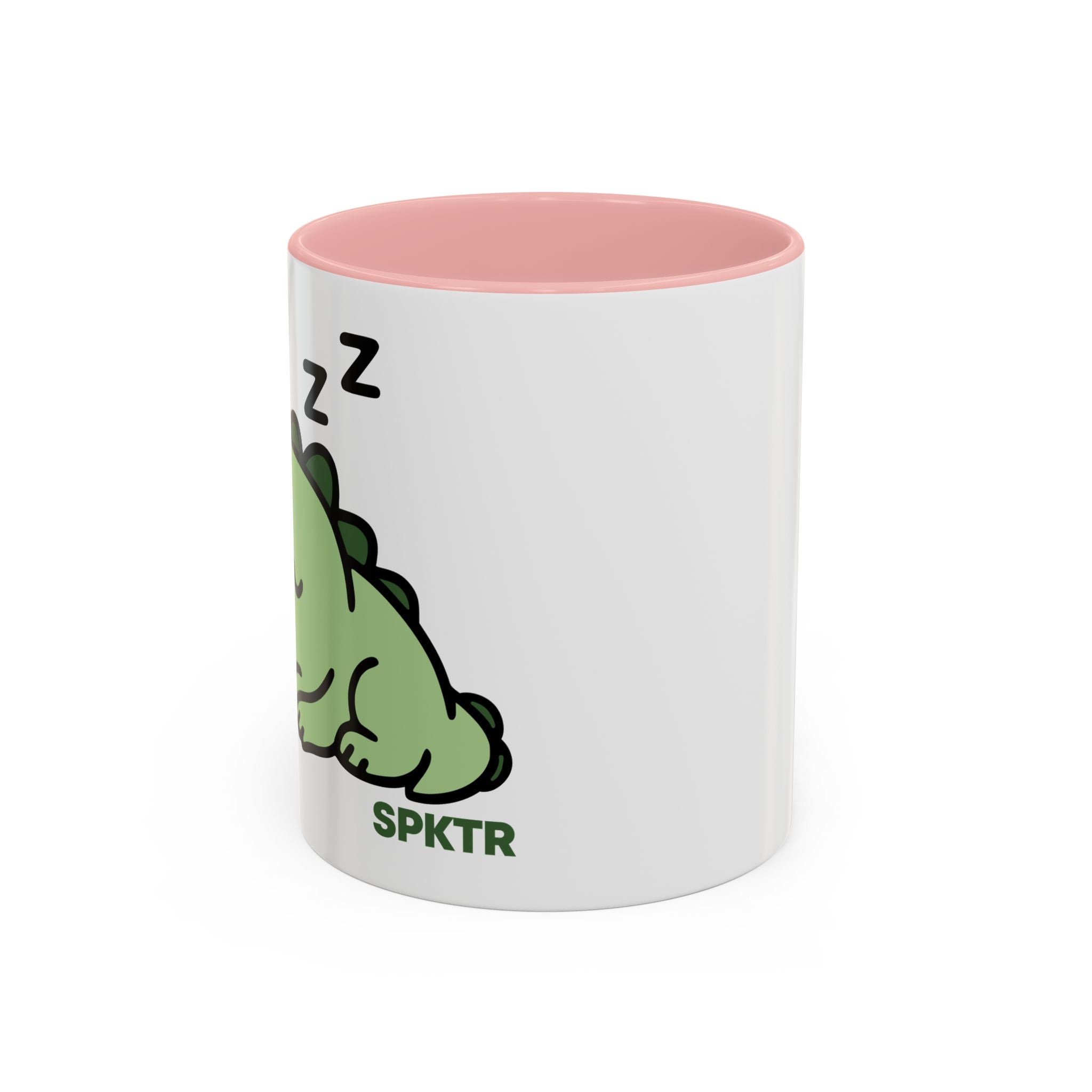 11 oz Pink-accent accent coffee mug featuring Sleepy Teeny-Rex cute sleeping dinosaur illustration.