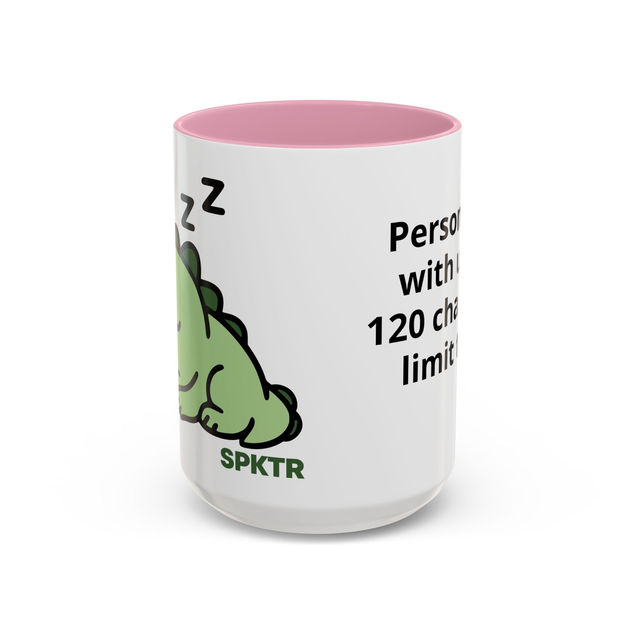 15 oz Pink-accent personalized accent coffee mug featuring Sleepy Teeny-Rex cute sleeping dinosaur illustration.