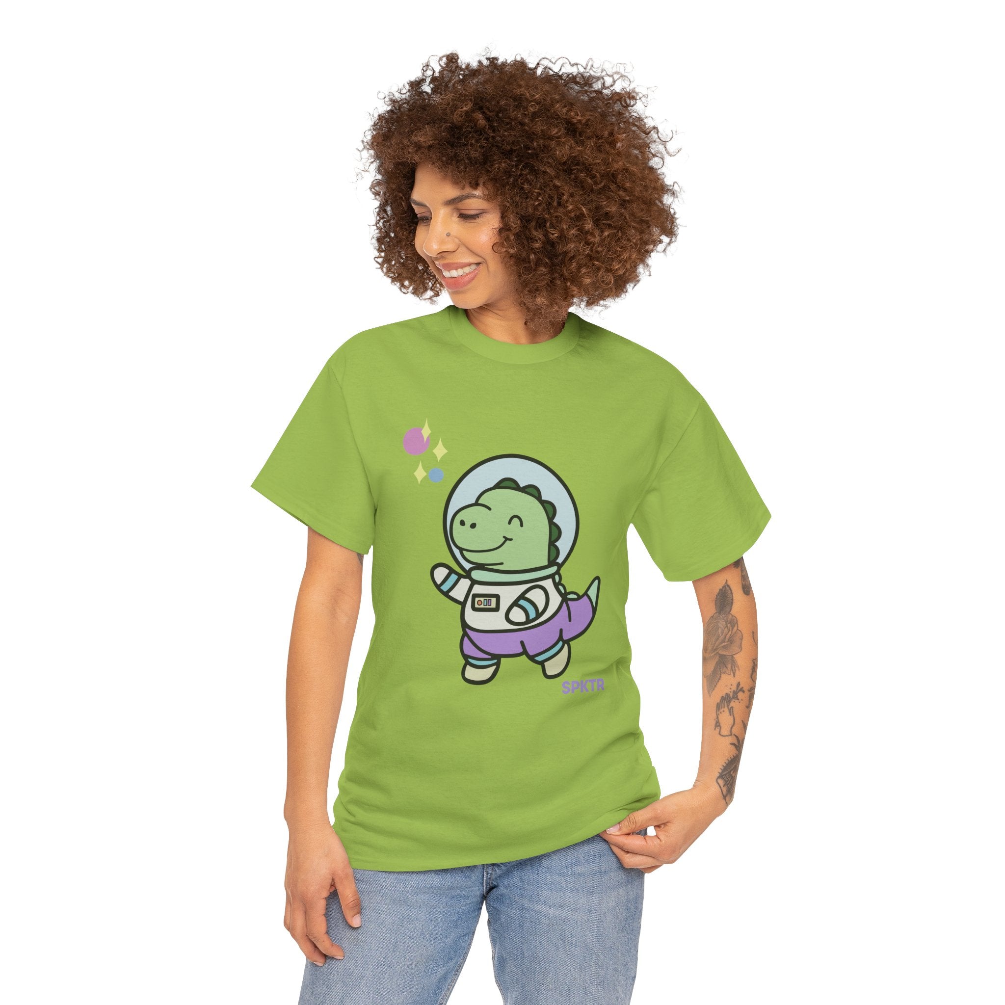 Tropical Blue T-shirt featuring Astronauta, a smiling Teeny-Rex dinosaur floating through space.