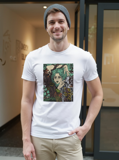 Antique Cherry Red T-shirt featuring Aquela que Germina na Morte dark-fantasy woman and woodland artwork by Anna Aguiar.