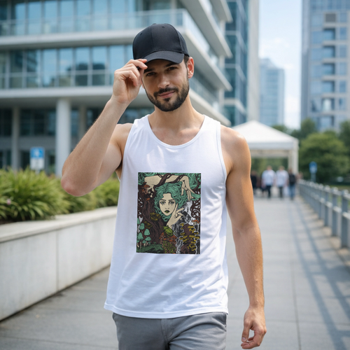 Black graphic tank top featuring Aquela que Germina na Morte dark-fantasy woman and woodland artwork by Anna Aguiar.