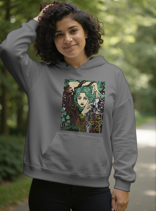 Crimson sweatshirt featuring Aquela que Germina na Morte dark-fantasy woman and woodland artwork by Anna Aguiar.