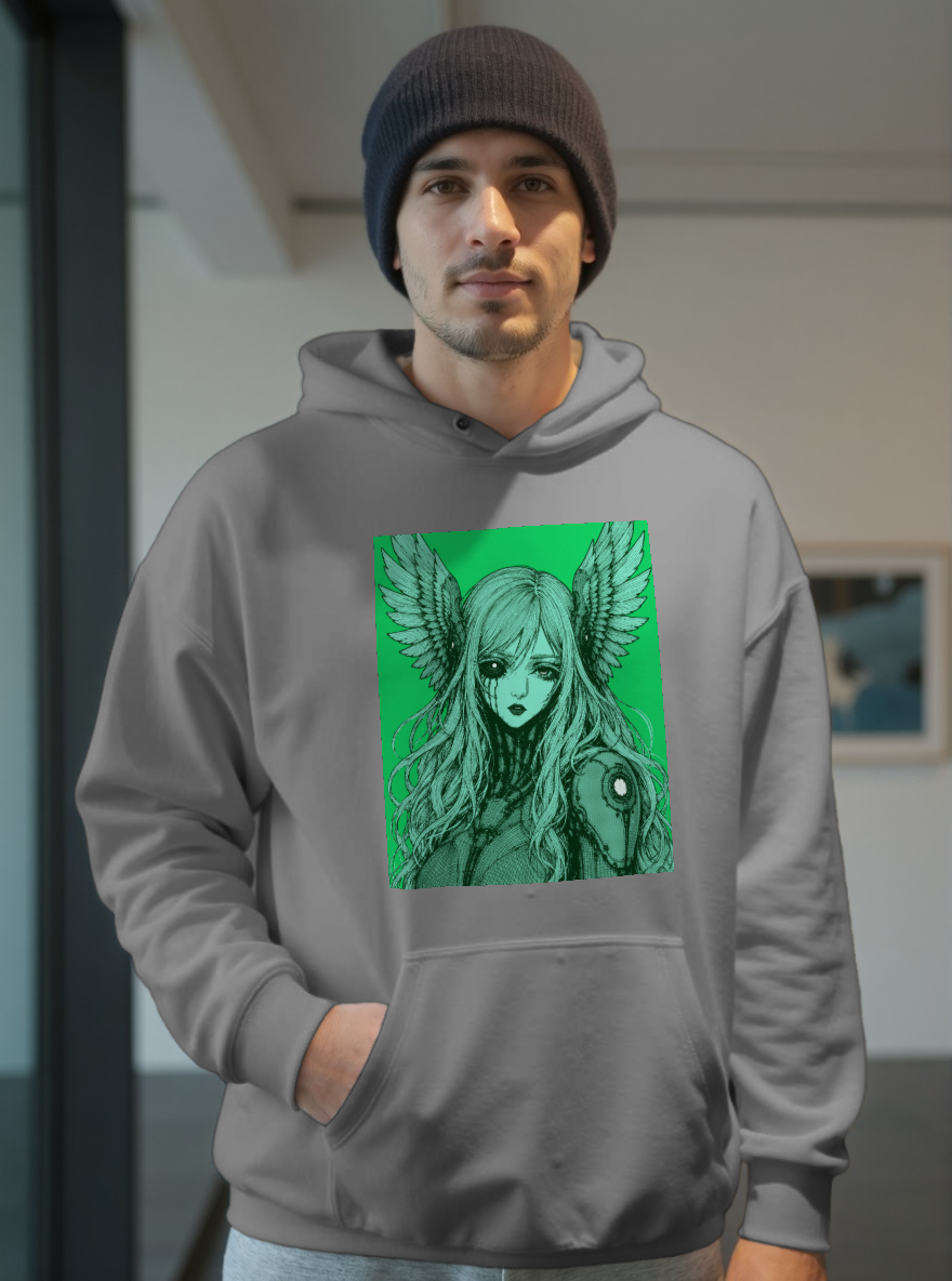 Crimson hoodie featuring Angel Cyborg I green cybernetic angel artwork by Anna Aguiar.